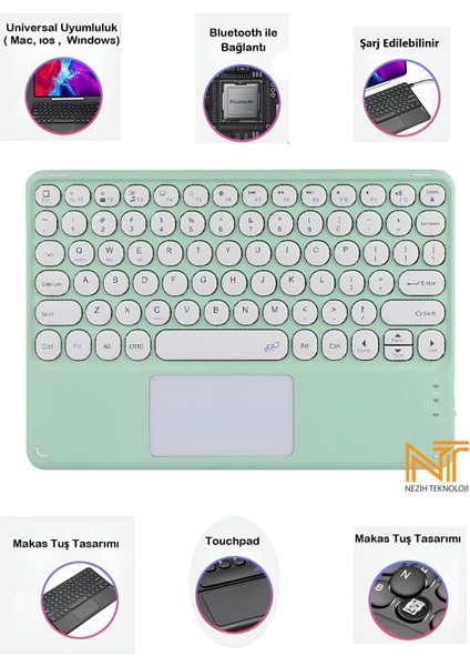 Samsung Galaxy Tab S9 Fe Plus / S8 Plus / S8 / S7 Fe / S7 / S6 Lite Uyumlu Touch Pad Özellikli Bluetooth Klavye