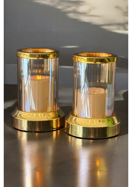 Şık 2'li Kristal Mumluk Takımı, Parlak Gold Renkli Dekorasyon Aksesuarı