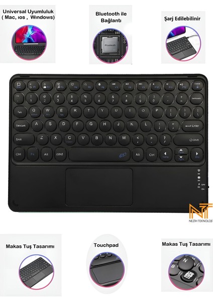 Apple Ipad 11. Nesil A16 2025 / Air 4-5 / Air 11 2024 / 10.9 / 10. Nesil 10.9 / 10.2 / 9.7 Uyumlu Touch Pad Özellikli Bluetooth Klavye