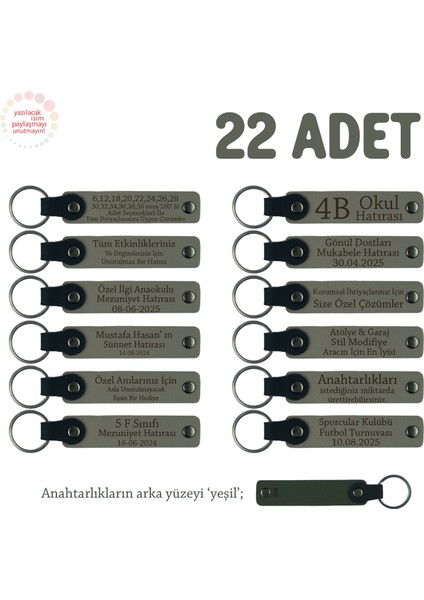 Kül Gri & Yeşil, Anaokulu Anısı Olarak Üzerinde Isim Yazılı Anahtarlık 22’li Set, Özel Hediye