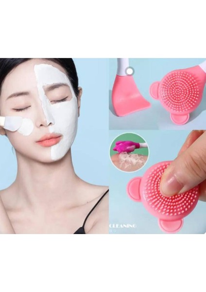 Pembe Silikon Maske ve Krem Spatulası, Yüz Temizleme Aleti
