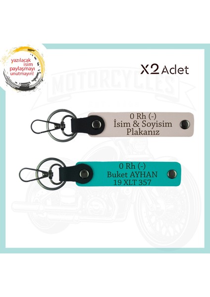 Pudra-K Turkuaz, Motora Uygun, Isim Plaka ve 0 Rh (-) Kan Grubu Yazılı Kişiye Özel 2'li Anahtarlık
