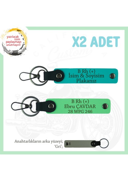 Motosiklet Maceracılarına, Isim Plaka ve B + Kan Grubu Yazılı 2'li Anahtarlık, K Turkuaz-F Yeşil-Gr