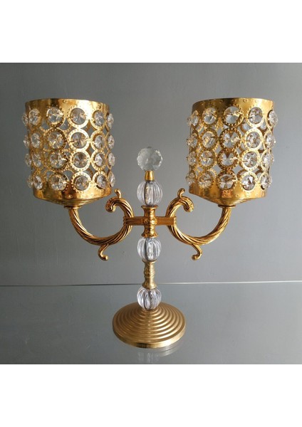 Parlak Kristal Taşlı Gold Kaplama 2'li Şamdan Mumluk Seti