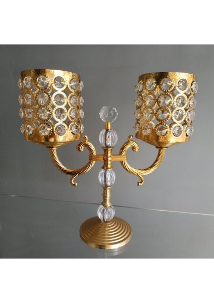 Parlak Kristal Taşlı Gold Kaplama 2'li Şamdan Mumluk Seti fiyatları