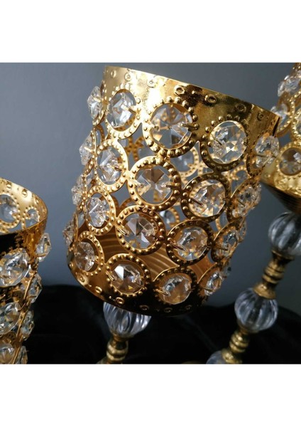 Parlak Kristal Taşlı Gold Kaplama 2'li Şamdan Mumluk Seti modelleri