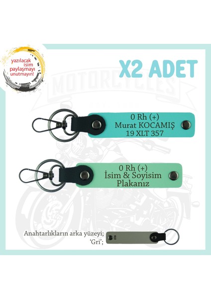 Motor Severlere Özel, Isim Plaka ve 0 Rh (+) Kan Grubu Yazılı X2 Anahtarlık Takım, Yeşil-Turkuaz-Gr