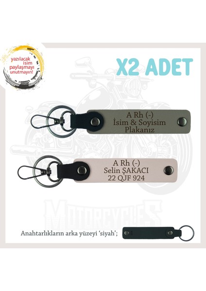 Motosiklet Maceracılarına, Isim Plaka ve A Rh (-) Kan Grubu Yazılı X2 Anahtarlık, Kül Gri-Pudra-Syh