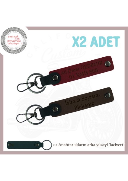 Minimal Tasarımlı 2’li Deri Anahtarlık – Plaka ve Isim Yazılı Özel Üretim, Koyu Kahve-Bordo-Laci
