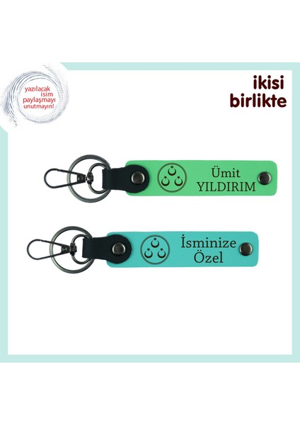 Çocuğuna Hatıralık Hediye – Üç Ayyıldız Temalı, Isimli 2’li Anahtarlık Takımı, Fıstık Yeşil-Turkuaz