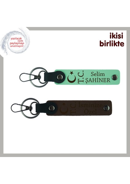 Yeni Işe Başlayanlara Tebrik, Ay Yıldız Tc Desenli Isim Yazılı 2’li Anahtarlık Set, Açık Yeşil-Kahve