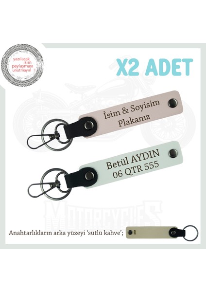 Araç Sahiplerine Özel Hediye, Isim ve Plaka Yazılı Deri Anahtarlık Set X2'li, Pudra-Beyaz-Sk