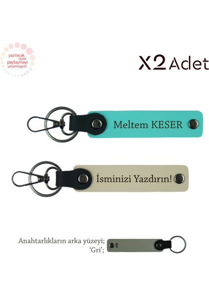 Anneye Yılbaşı Hediyesi, Isimli & Soyisimli 2’li Anahtarlık Hediye Takımı, Sütlü Kahve-Turkuaz-Gri