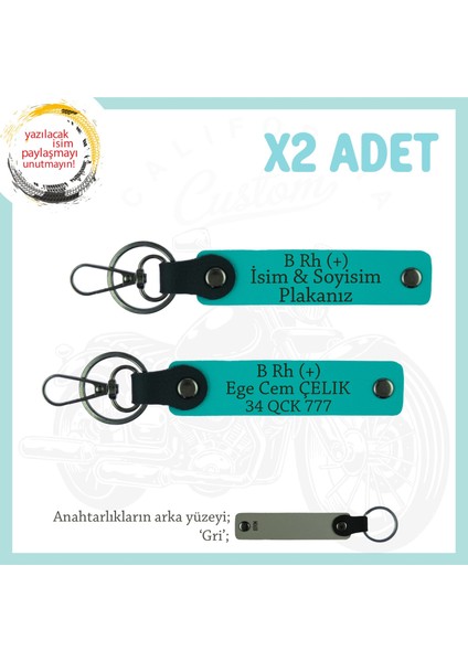 Yol Arkadaşlarına Özel Isim Plaka, B Rh (+) Kan Grubu Yazılı Kişiye Özel X2 Anahtarlık, K Turkuaz-Gr