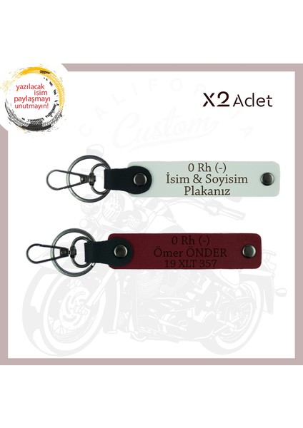 Beyaz-Bordo, Bikerlar Için, Isim Plaka ve 0 Rh (-) Kan Grubu Yazılı Deri 2'li Anahtarlık, Hediyelik