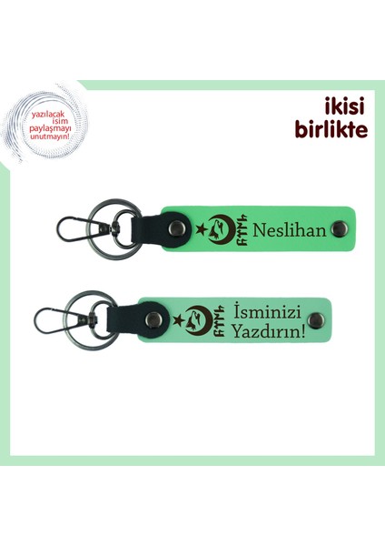 Ayyıldız Kurt Göktürk Desenli Öğretmene Teşekkür Anahtarlığı – Kişiye Özel 2’li Set, F Yeşil-Yeşil