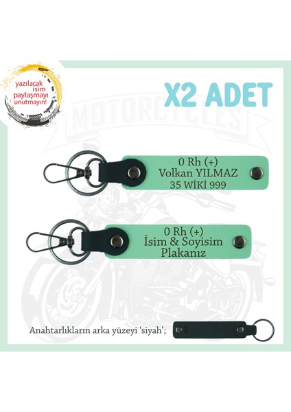 Efsane Motorculara Özel, Isim Plaka ve 0 Rh (+) Yazılı Anlamlı Hediye X2' Li Anahtarlık, Yeşil-Syh