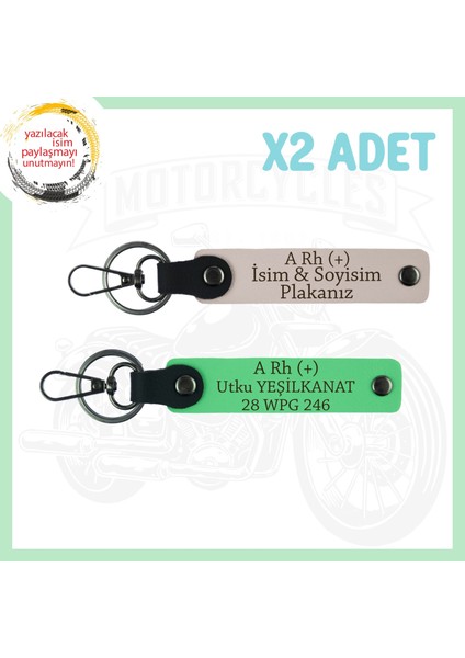 Pudra-Fıstık Yeşil, Hız Severlere Özel, Isim Plaka ve A Rh (+) Kan Grubu Yazılı Deri 2'li Anahtarlık