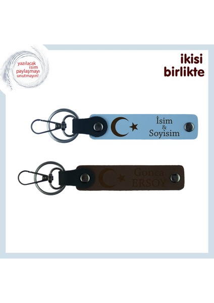 Ay Yıldızın Gücüyle Tasarlanan – Kişisel Isimli 2’li Deri Anahtarlık Takımı, Gök Mavi-Kahve