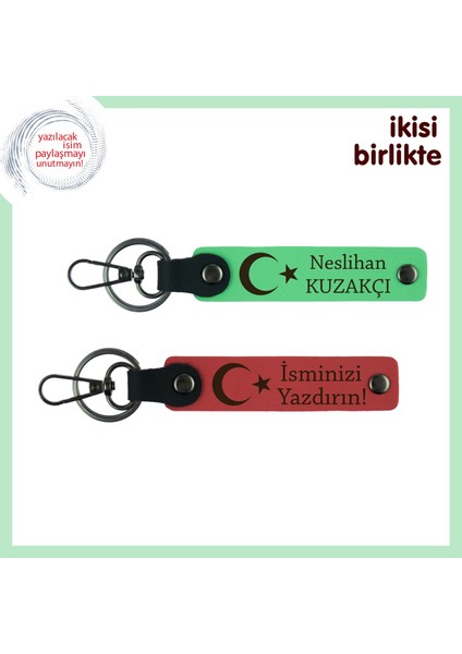 Dedeye Saygı Dolu Hediye – Ay Yıldız Temalı Isimli 2’li Anahtarlık Takımı, Fıstık Yeşil-Nar Çiçeği