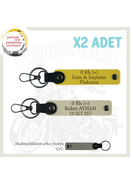 Yol Arkadaşlarına Özel Isim Plaka, 0 Rh (+) Kan Grubu Yazılı Kişisel X2 Anahtarlık, Sarı-S Kahve-Gr