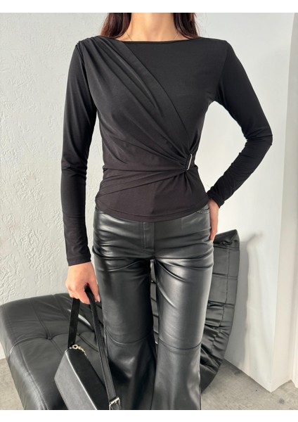 Krem Rengi Büzgülü Tokalı Şık Uzun Kol Bej Esnek Bluz modelleri