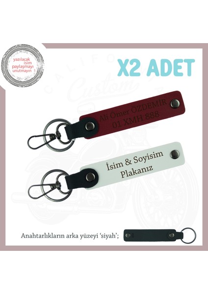 Sevgili Motorculara Hediye, Isim ve Plaka Yazılı Deri 2’li Anahtarlık Takımı, Beyaz-Bordo-Syh