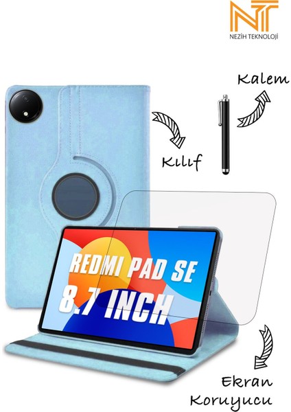 Xiaomi Redmi Pad Se 2024 8.7 Inç Uyumlu 360 Dönebilen Standlı Tablet Kılıfı Ekran Koruyucu Kalem Set
