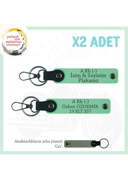 Efsane Motorculara Özel Isim Plaka ve A Rh (-) Kan Grubu Yazılı Hediye X2 Set Anahtarlık, Yeşil-Gr