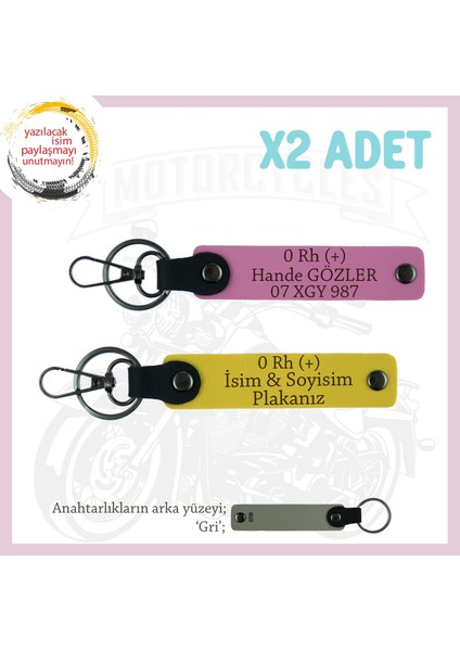 Motosiklete Özel, Isim Plaka ve 0 Rh (+) Kan Grubu Yazılı Acil Durum 2'li Anahtarlık, Sarı-Pembe-Gr