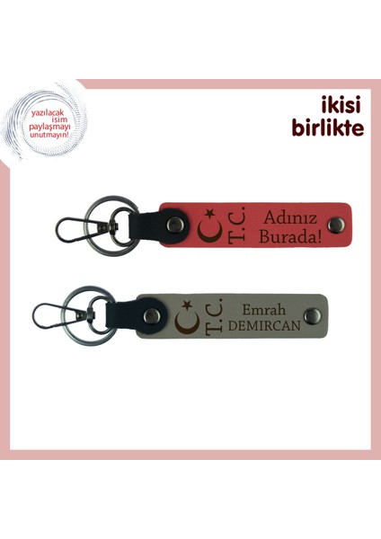 Toruna Hatıra Kalacak Armağan – Ay Yıldız Tc, Kişiye Özel Deri Anahtarlık Seti, Nar Çiçeği-Kül Gri