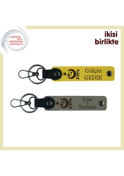 Birlikte Yazılan Hikâyeye Hediye – Ayyıldız Kurt Göktürk Isimli Deri Anahtarlık Takımı, Sarı-Kül Gri