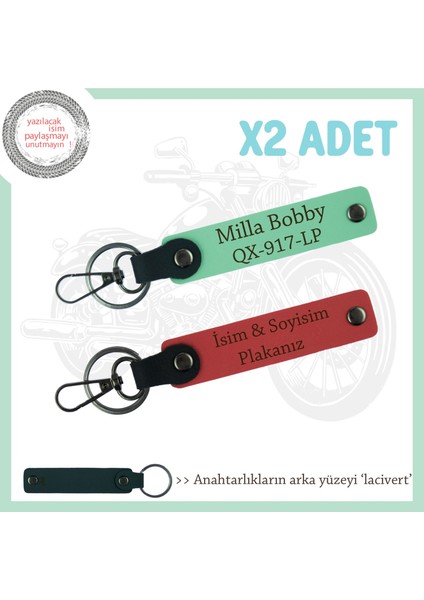 Hız Tutkunlarına, Isim ve Plaka Yazılı 2'li Özel Deri Anahtarlık, Hediyelik, Nar Çiçeği-Yeşil-Laci