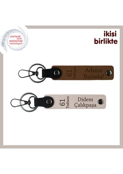 61 Trabzon ve Isim Yazılı Deri Anahtarlık, Memlekete Özel Anlamlı Hediye 2'li Set, Açık Kahve-Pudra