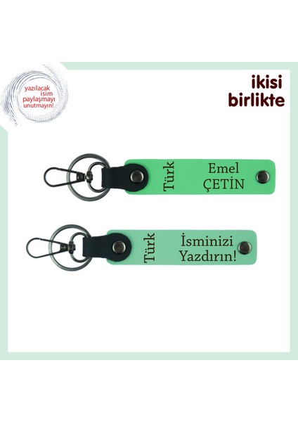 Türk Yazısı Desenli Öğretmene Teşekkür Anahtarlığı – Kişiye Özel 2’li Set, F Yeşil-Yeşil