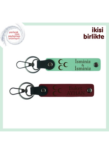 Sade Şıklıkta Anlam Yüklü Hediye, Üç Hilal Temalı Isimli 2’li Anahtarlık, Yeşil-Bordo