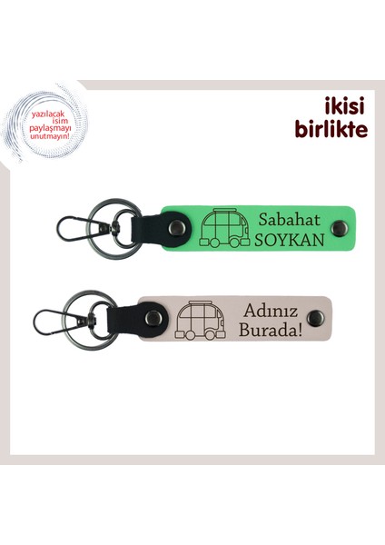 Yolda Tanışılan Gönüllere, Karavan Figürlü Kişisel Isimli Deri Anahtarlık Seti, Fıstık Yeşil-Pudra