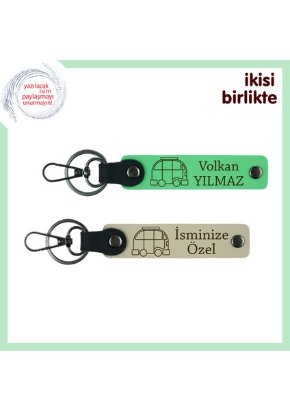 Kamp Alanlarında Başlayan Aşklara, Karavan Desenli Deri Anahtarlık X2’li, Fıstık Yeşil-Sütlü Kahve
