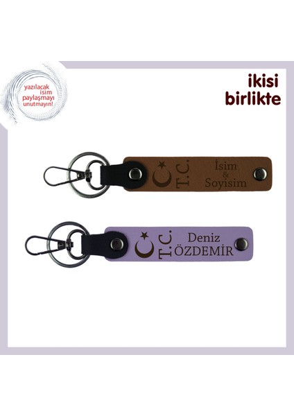 Kardeşe Özel Kalıcı Bir Hatıra, Ay Yıldız Tc Isim ve Soyadı Yazılı X2 Deri Anahtarlık, A Kahve-Mor