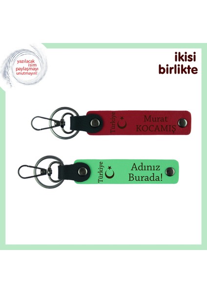 Ayyıldız ve Türkiye Deri Anahtarlık Takımı, Kişiye Isme Özel 2’li Hediyelik Set, Kırmızı-Yeşil