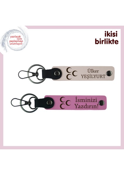 Evliliğin Gururu – Üç Hilal Temalı Isim Yazılı Deri Anahtarlık Hediyesi X2, Pudra-Pembe