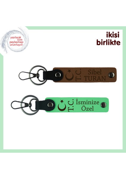 Kişisel Hatıralar Için Ay Yıldız Tc Desenli– Isim Soyisimli 2’li Anahtarlık Hediye, Açık Kahve-Yeşil