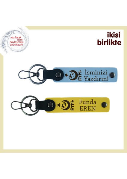 Dayıya Minnet Dolu Hatıra – Ayyıldız Kurt Göktürk Desenli Isimli 2’li Anahtarlık Seti, Gök Mavi-Sarı