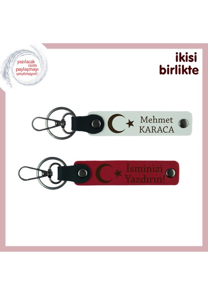 Akrabaya Hatıralık Hediye, Ay Yıldızlı Kişisel Isimli 2’li Anahtarlık Takımı, Beyaz-Kırmızı