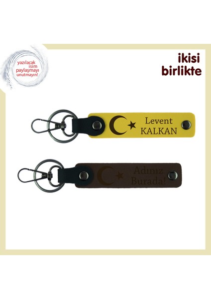 Vatan Temalı Aşk Hediyesi – Ay Yıldız Motifli Deri Anahtarlık Armağanı Isim Yazılı Set, Sarı-Kahve