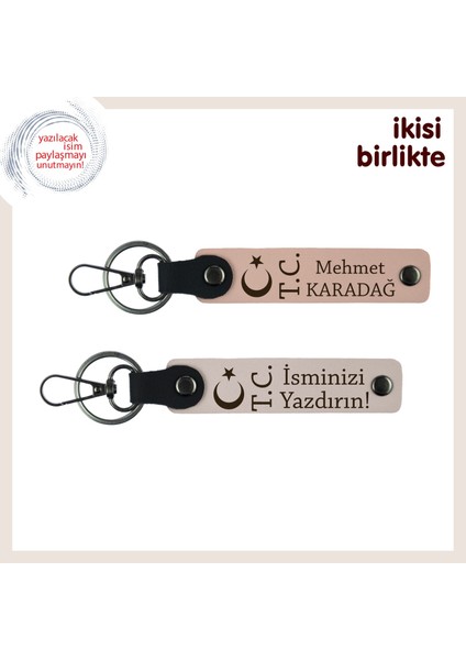 Hediyeniz Kalıcı Olsun – Ay Yıldız Tc Temalı Isme Özel Kişisel Deri Anahtarlık X2, Yavru Ağzı-Pudra