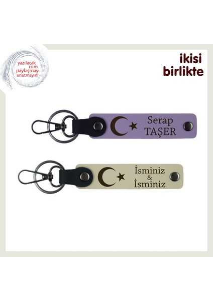 Türk Ruhunu Yansıtan Ay Yıldız Anahtarlık, Kişiye Özel Deri Hediye Seçeneği, Mor-Sütlü Kahve