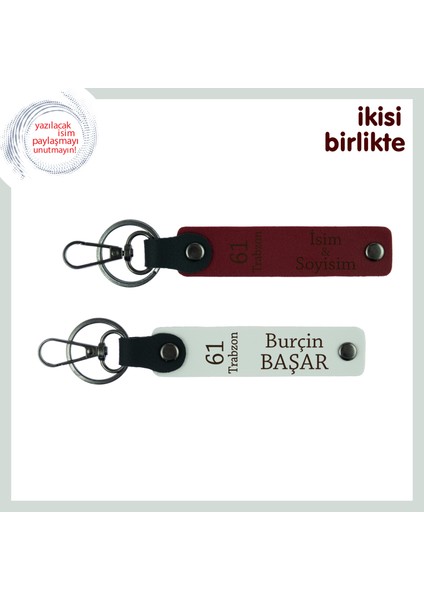 Gönül Bağını Taşıyan Anahtarlık, 61 Trabzon Temalı Isme Özel Kişisel Hediye X2' Li Set, Bordo-Beyaz