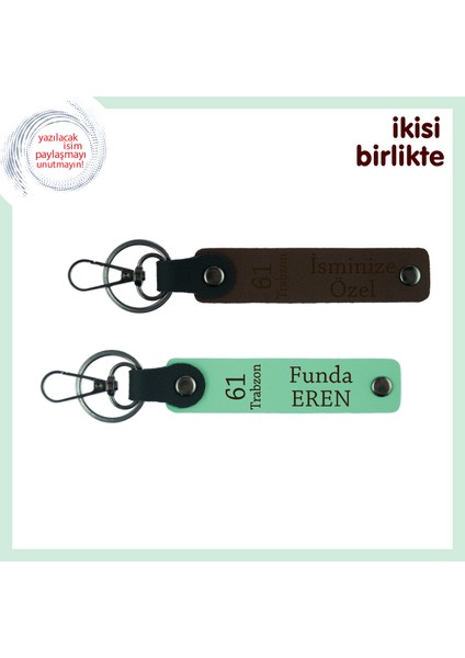 Karadeniz Ruhunu Seven Sevgiliye, 61 Trabzon Yazılı Deri Anahtarlık Seti, Koyu Kahve-Açık Yeşil