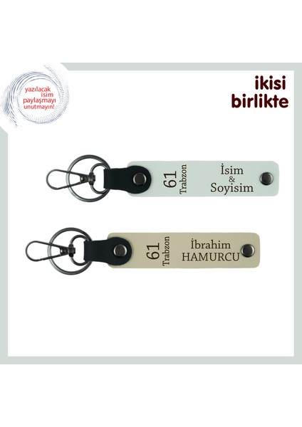 Trabzon Aşkını Yansıtan Hediyelik Anahtarlık, 61 Temalı Kişisel Isimli Deri Set, Beyaz-Sütlü Kahve